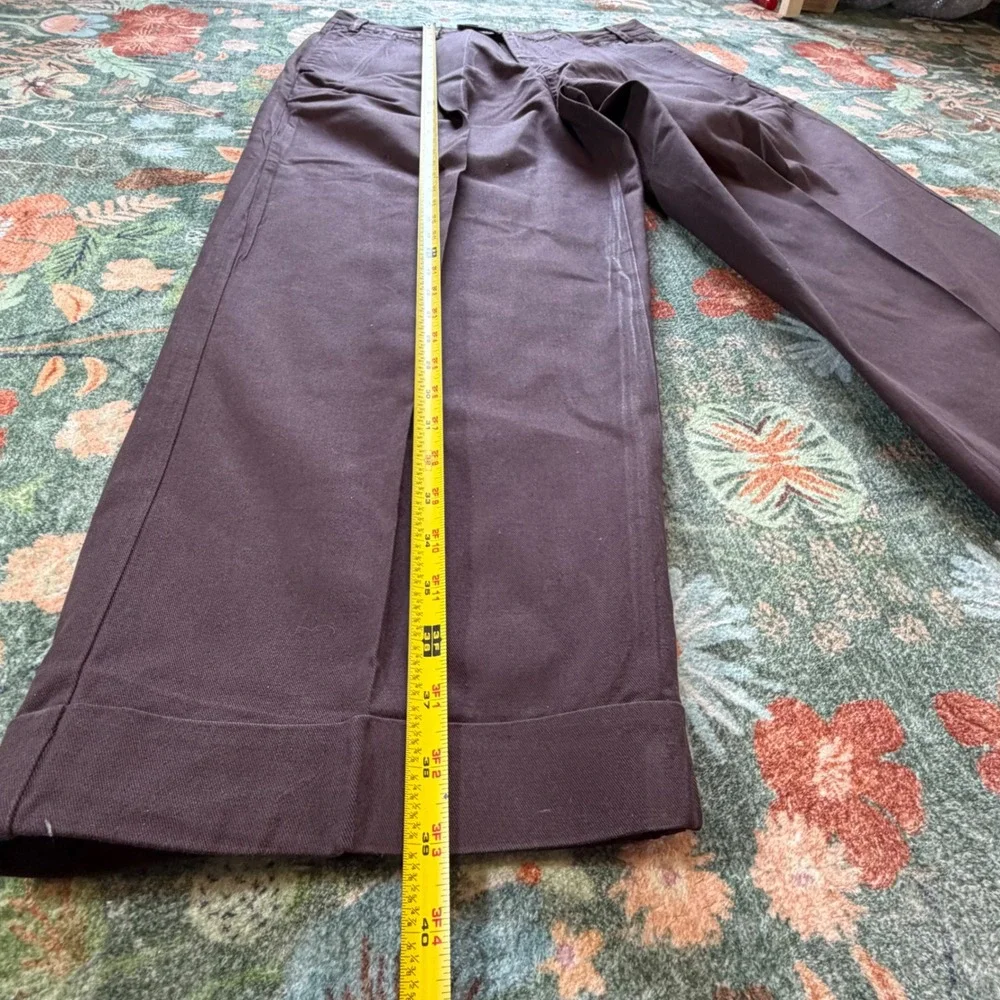 Free People Plum Brown Pleated Wide Leg Cotton Trousers Cuffed Size 12 OB1703806